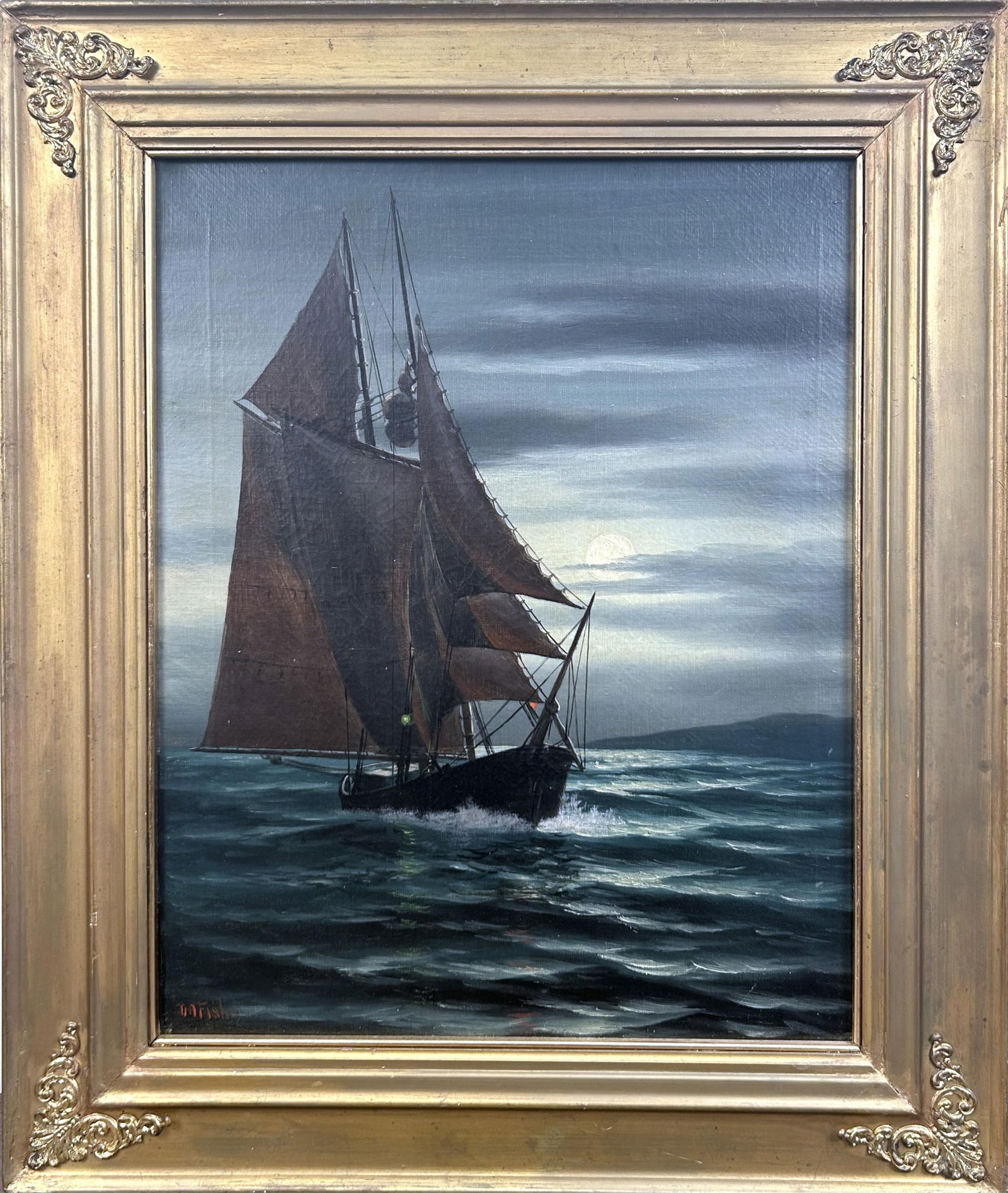 D.A. FISHER (Maine/California, 1867-1940), Moonlit sail., Oil on canvas, 20" x 16". Framed 26" x (1 of 3)