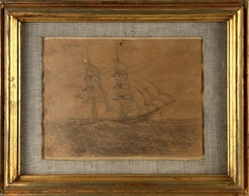 ROBERT T. OLSON (America, 20th Century), View of a sailing ship., Pencil sketch on paper, 9" x 12".