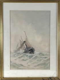 FREDERIC SCHILLER COZZENS (New York, 1846-1928), A steam/sail vessel at sea., Watercolor on paper,