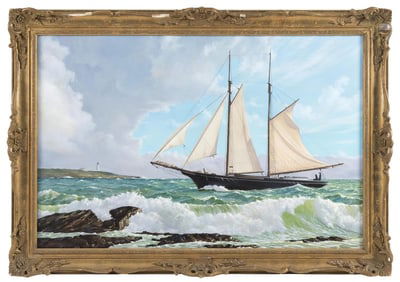 ANDREW S. WALTON (England, Contemporary), Two-masted gaff-rigged schooner off a lighthouse., Oil on