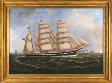 ENGLISH SCHOOL (19th Century,), A barque off the Cliffs of Dover., Oil on canvas, 30" x 44". Framed