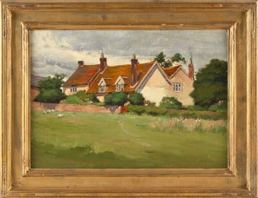 FRANK CONVERS MATHEWSON (Rhode Island, 1862-1941), "Shropshire", depicting a house and fields., Oil