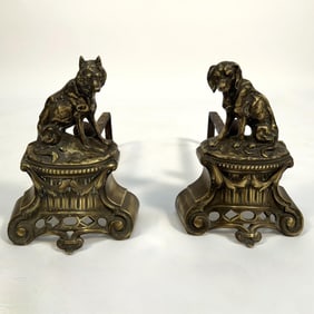 PAIR OF BRASS FOX AND HOUND ANDIRONS Late 19th/Early 20th Century Heights 10". Widths 8". Depths