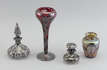FOUR SILVER OVERLAY GLASS ITEMS 19th Century Heights from 3" to 8".