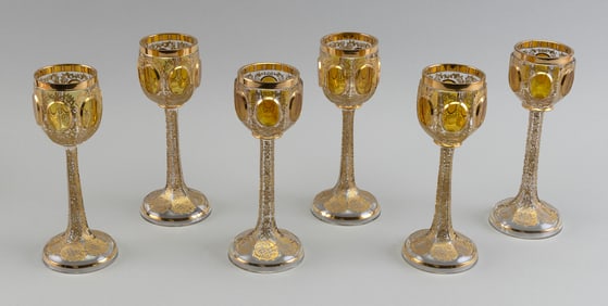 SET OF SIX AUSTRIAN CUT GLASS WINEGLASSES Late 19th Century Heights 7.75".