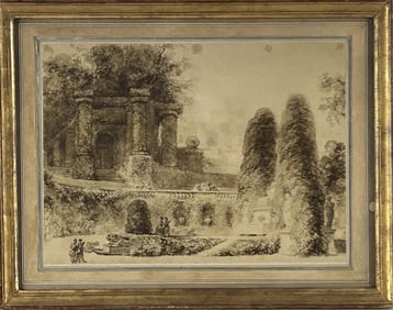 AFTER JEAN-HONORE FRAGONARD (France, 18th Century), Roman park with fountain., Print on paper, 10" x