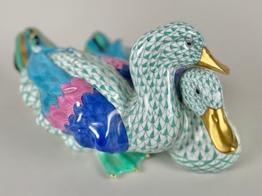 PAIR OF HEREND PORCELAIN DUCKS 20th Century Length 11".