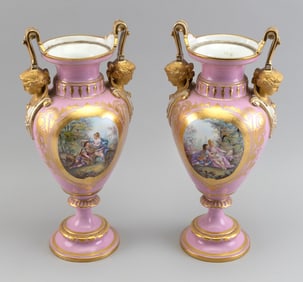 PAIR OF CONTINENTAL PORCELAIN URNS 19th Century Heights 15".