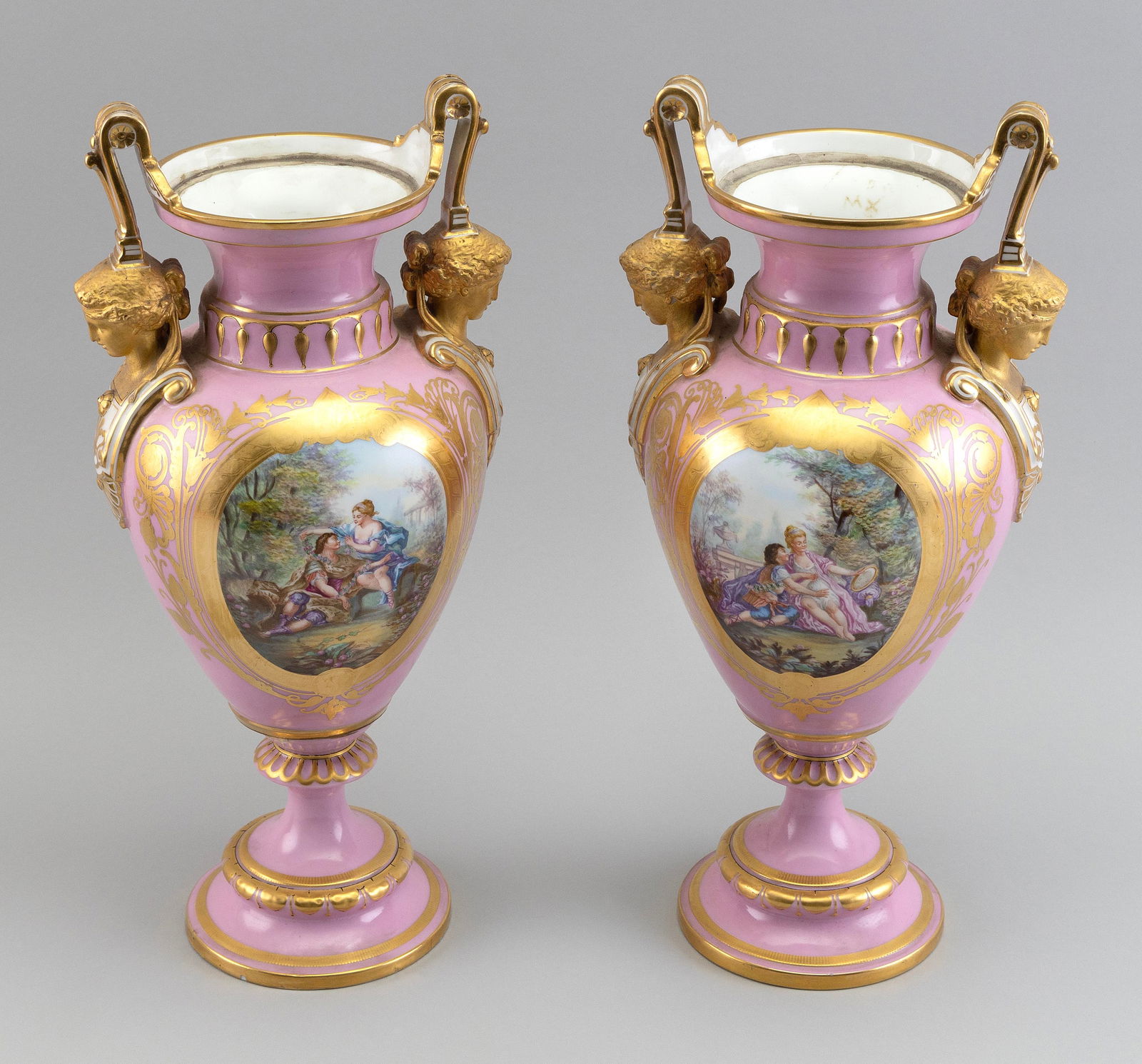PAIR OF CONTINENTAL PORCELAIN URNS 19th Century Heights 15". (1 of 3)
