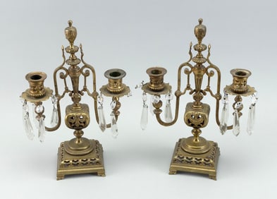 PAIR OF BRASS CANDLE GARNITURES Early 20th Century Heights 12.5".