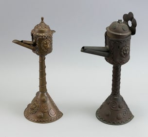 TWO DUTCH BRASS WHALE OIL LAMPS 19th Century Heights 9.5" and 10".