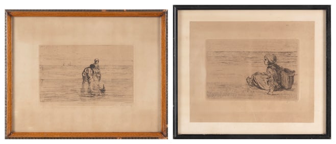 JOSEF ISREALS (The Netherlands, 1824-1911), Two beach scene etchings:, Framed to 12.75" x 15".