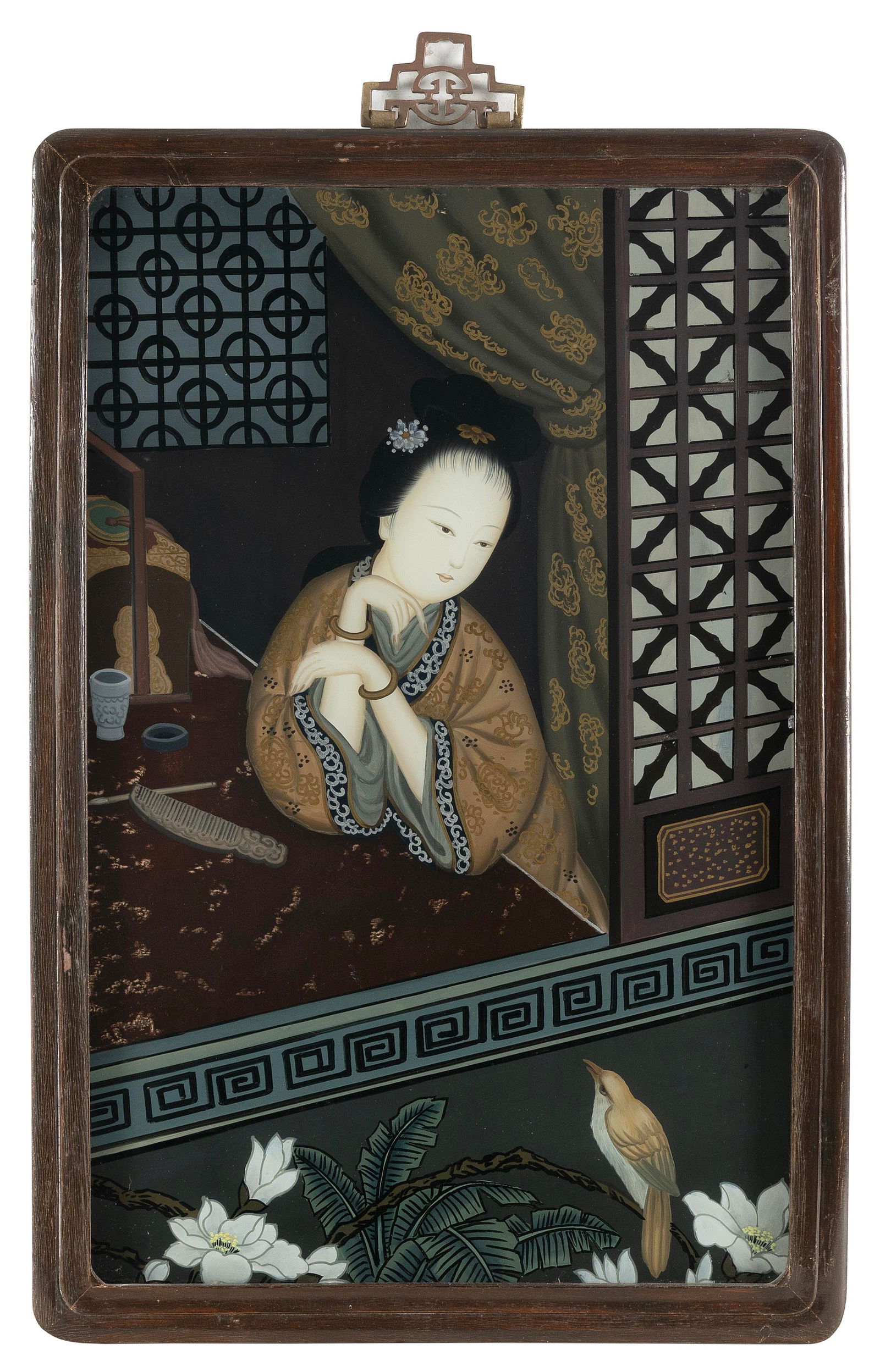 CHINESE REVERSE PAINTING ON GLASS Early 20th Century 20" x 13". Framed 22" x 15". (1 of 2)