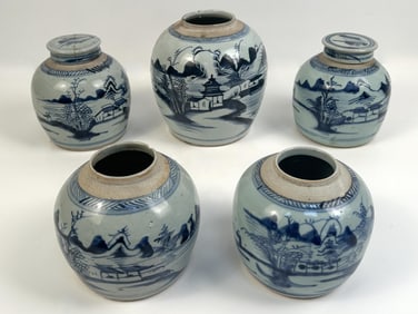 FIVE CHINESE EXPORT CANTON PORCELAIN GINGER JARS 19th Century Heights from 5.75" to 8.5".