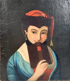 CHINESE SCHOOL (Early 20th Century,), Portrait of a woman holding a book., Oil on canvas, 17.25" x