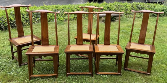 SIX CHINESE-STYLE YOKE-BACK CHAIRS Contemporary Back heights 46.5". Seat heights 21". Seat widths