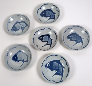 SET OF SIX JAPANESE BLUE AND WHITE PORCELAIN SHALLOW BOWLS Early 20th Century Diameters 8".