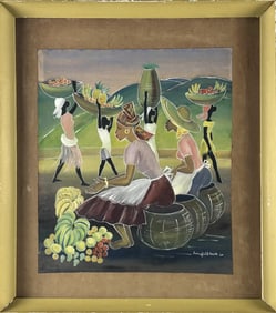 PAINTING OF WOMEN CARRYING FRUIT 20th Century Mixed media, 24" x 20.5" sight. Framed 32" x 28.5".