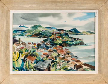 TROPICAL LANDSCAPE PAINTING Watercolor on paper, 19" x 27". Framed 28" x 36".
