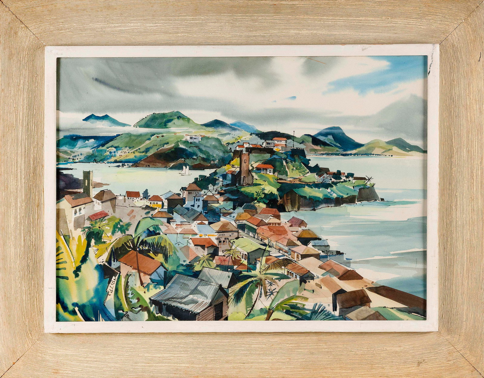 TROPICAL LANDSCAPE PAINTING Watercolor on paper, 19" x 27". Framed 28" x 36". (1 of 2)