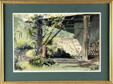 AMERICAN SCHOOL (20th Century,), Architectural view with a stone wall., Watercolor on paper, 14" x