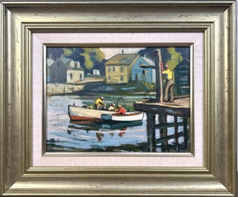 JOHN GILMORE WOLCOTT (MASSACHUSETTS, 1891-1965), Dock scene., Oil on board, 10.5" x 13.5".