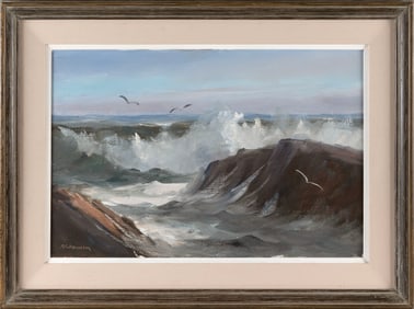 ROBERT C. BENHAM (Massachusetts, 1908-2002), "Bass Rocks, Gloucester, Mass."., Oil on canvas, 16" x