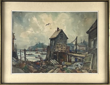 WILLIAM LESTER STEVENS (Massachusetts, 1888-1969), Harbor scene with fishing shack., Watercolor on