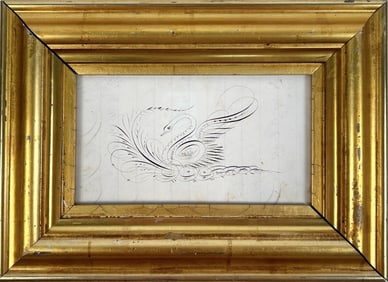 CALLIGRAPHIC DRAWING OF A SWAN America, 19th Century 3.5" x 6.5". Framed 7.5" x 10.25".