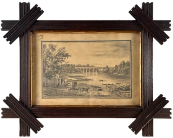 AMERICAN SCHOOL (19th Century,), Harlem Bridge, New York., Graphite on paper, 8.5" x 12". Framed 19"
