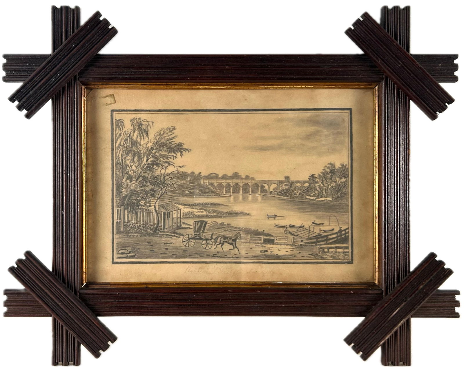 AMERICAN SCHOOL (19th Century,), Harlem Bridge, New York., Graphite on paper, 8.5" x 12". Framed 19" (1 of 3)