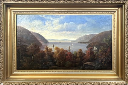 AMERICAN SCHOOL (19th Century,), View of the Hudson., Oil on canvas, 14" x 24". Framed 19.5" x