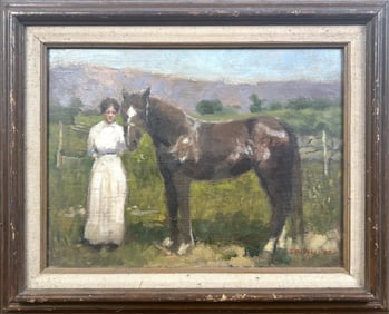 SUSAN GRISELL (Connecticut, 1946-), Woman with a horse., Oil on artist panel, 12" x 16". Framed 17"