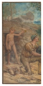 AMERICAN SCHOOL (20th Century,), Study featuring miners., Oil on unstretched canvas, 17" x 8".