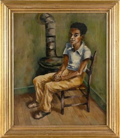 AMERICAN SCHOOL (20th Century,), A young boy seated by a stove., Oil on canvas, 24" x 20". Framed