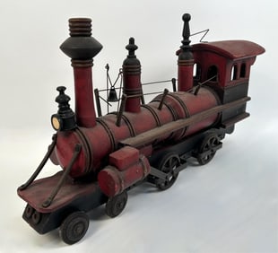 WOODEN MODEL OF A LOCOMOTIVE America, Mid-to Late 20th Century Height 14". Length 26.5".