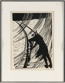 WOODCUT OF A RAILROAD WORKER 11.25" x 8.25" sight. Framed 16" x 13".