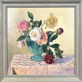 PEGGY STANIOSKI (Massachusetts, 20th Century), "Roses"., Oil on canvas, 20" x 20". Framed 23.5" x