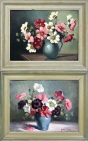 NELLE C. SIEG (Indiana, 1887-1960), Two floral still lifes., Oils on canvas board, 12" x 16". Framed