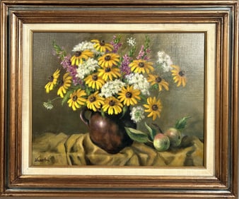 J. TWEED HILL (20th Century,), "Black-Eye Susan Bouquet"., Oil on canvas, 18" x 14.25". Framed 25" x