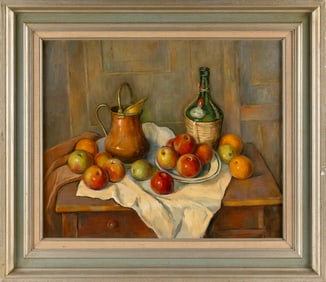 H. ROBERT SMITH (America, 20th Century), Tabletop still life of apples, oranges, a copper pitcher