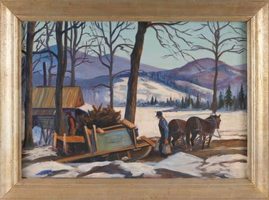 OTIS JEROME TRIPP (Massachusetts, 1905-1976), Hauling wood in winter., Oil on canvas, 18" x 26".