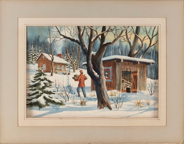 ROGER KLINGER (Pennsylvania, 20th Century), Winter scene of a man carrying firewood., Watercolor on