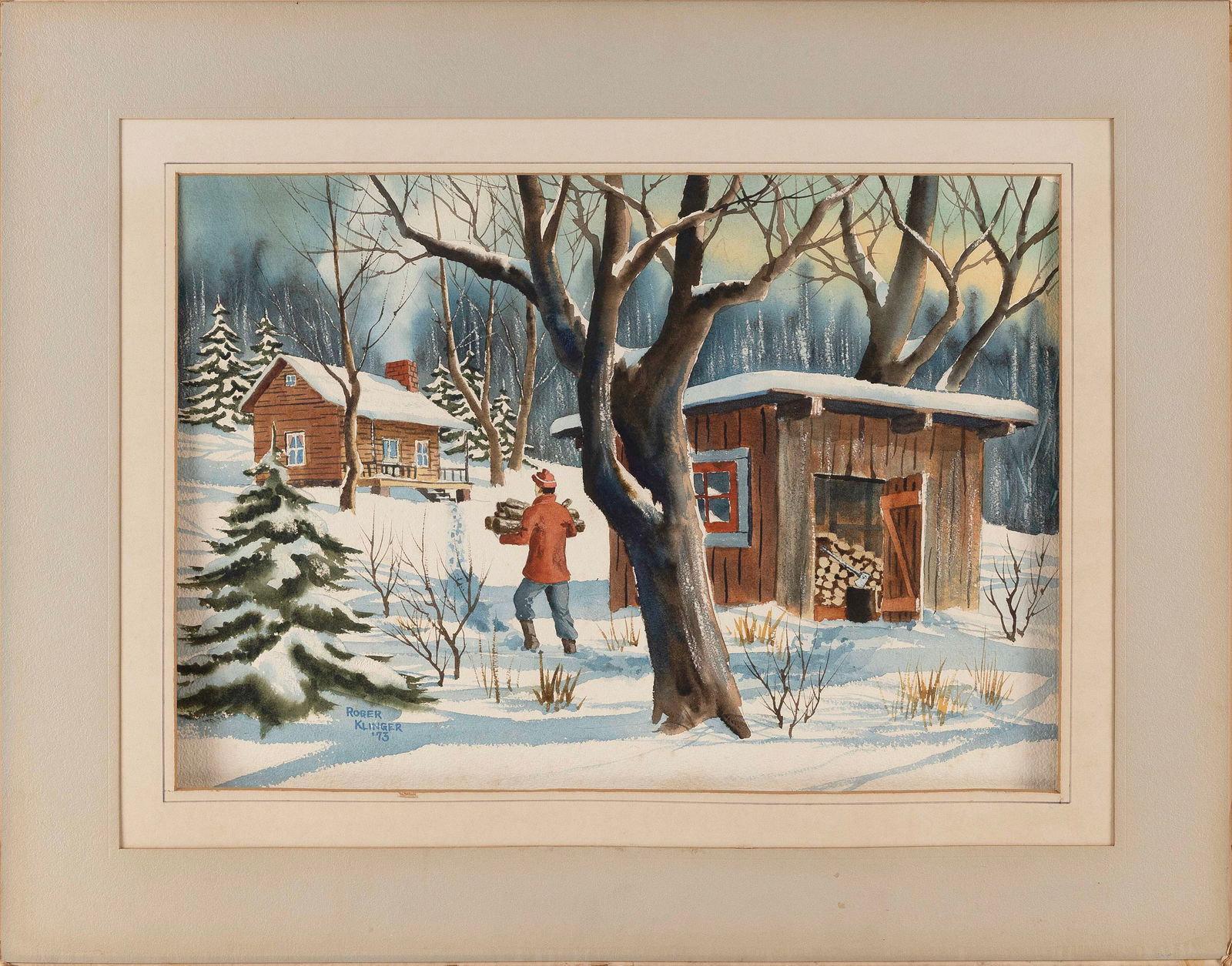 ROGER KLINGER (Pennsylvania, 20th Century), Winter scene of a man carrying firewood., Watercolor on: ROGER KLINGERPennsylvania, 20th CenturyWinter scene of a man carrying firewood. Signed and dated lower left "Roger Klinger '73".Watercolor on paper, 25" x 22". Matted 22" x 28".