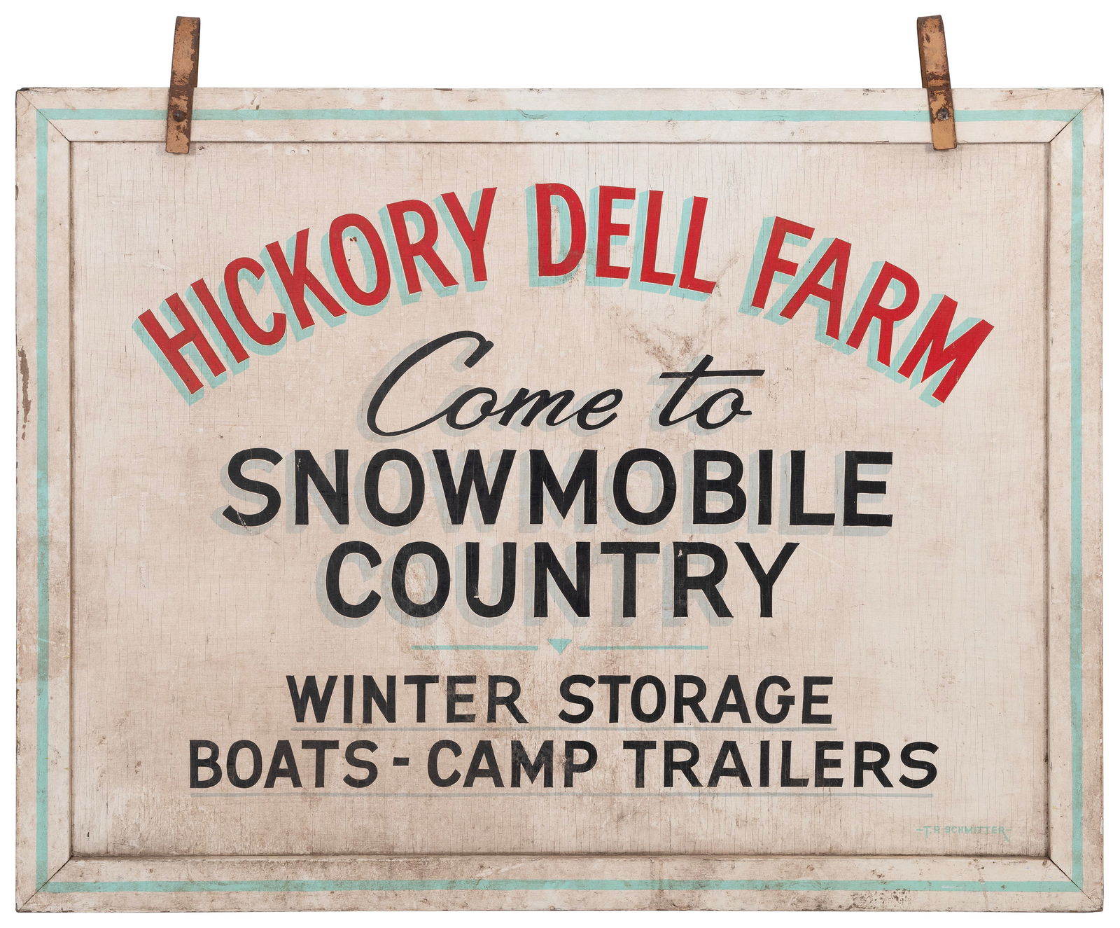 HAND-PAINTED DOUBLE-SIDED TRADE SIGN America, Mid-20th Century 39" x 51.5". (1 of 2)