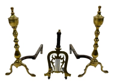 PAIR OF ANDIRONS AND A LYRE KETTLE STAND 20th Century Andiron heights 17.5". Kettle stand height 6".