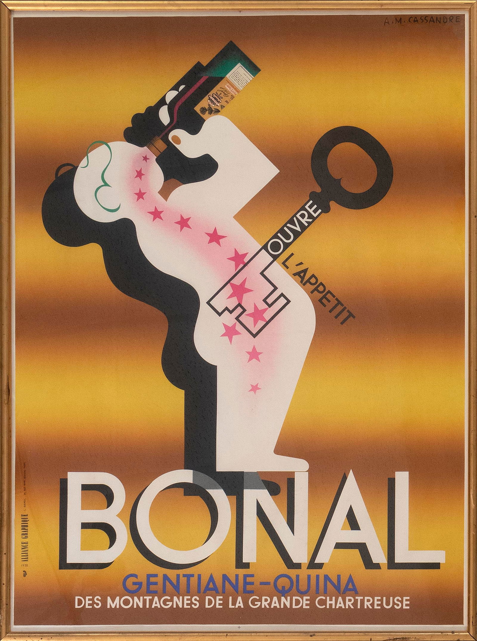 "BONAL GENTIANE-QUINA" POSTER France, Circa 1935 61.5" x 45.5" sight. Framed 64" x 49". (1 of 2)