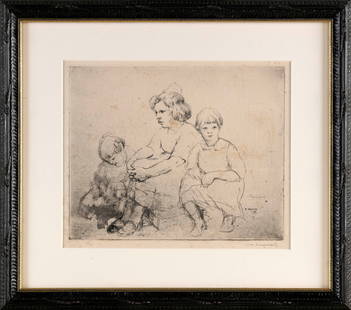 WILLIAM MEYEROWITZ (New York, 1887-1981), Seated children., Etching, 8.5" x 10.5" sight. Framed 14": WILLIAM MEYEROWITZNew York, 1887-1981Seated children. Signed in pencil lower right "Wm. Meyerowitz".Etching, 8.5" x 10.5" sight. Framed 14" x 16".