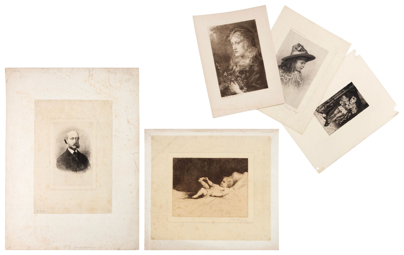 FIVE FIGURAL ETCHINGS 19th/20th Century Sheets from 12" x 9" to 12" x 14". Unframed.: FIVE FIGURAL ETCHINGS19th/20th CenturyThree bust portraits, one view of a young child and one of a jester. Works by Albert Fitch Bellows, William Merritt Chase, James Wells Champney, Anna Merritt and