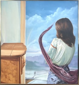 MODERNIST SCHOOL (20th Century,), A woman and a purple drape in a doorway., Oil on canvas, 26" x
